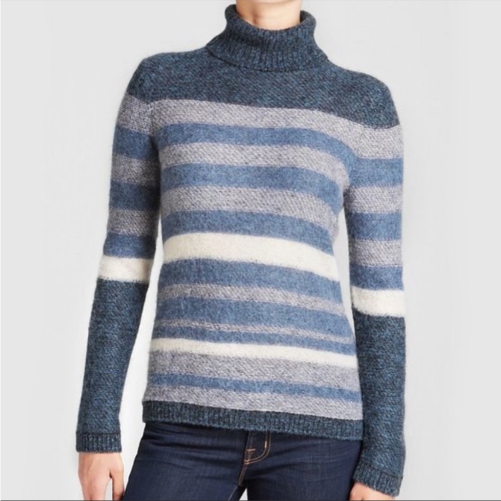 Tory Burch Tricia Blue Alpaca Wool Horizontal Striped Turtleneck Sweater Large